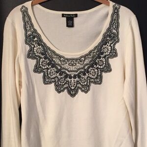 Madison Studio Cream Lightweight Sweater Top with Navy Beaded Lace Detail L